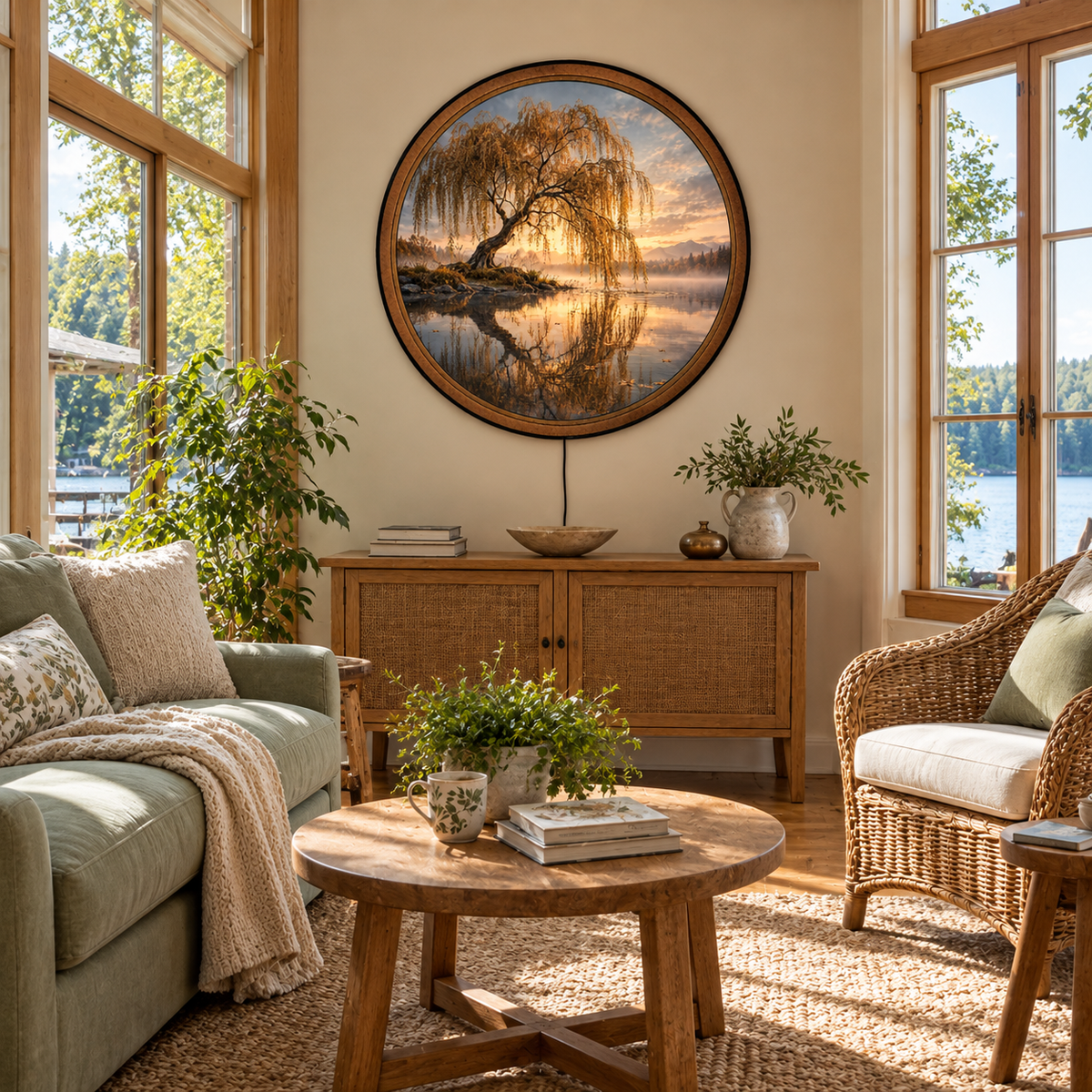 Handcrafted Golden Willow Tree LED Wall Art – Peaceful Sunset Lake Landscape, Rustic Nature