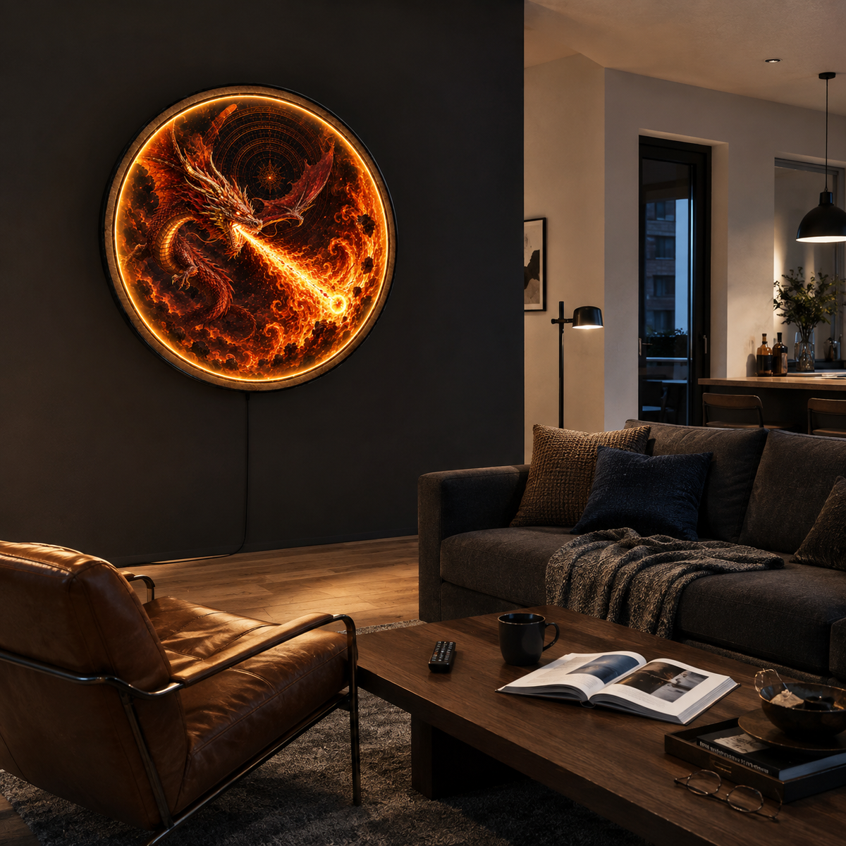 Crimson Fire Dragon – Handcrafted Round LED Wall Art