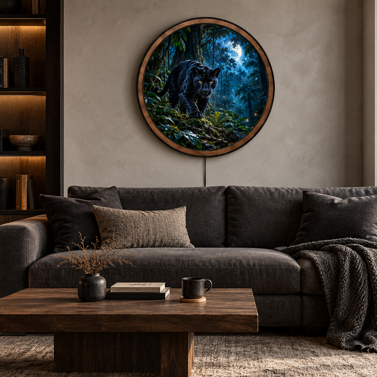 Handcrafted Black Panther Moonlit Jungle LED Wall Art