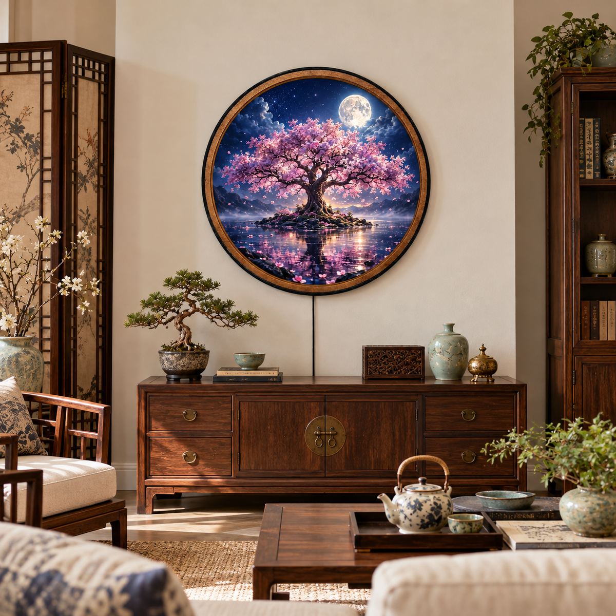 Handcrafted Moonlit Cherry Blossom Tree LED Wall Art – Pink Sakura & Full Moon Japanese Nature