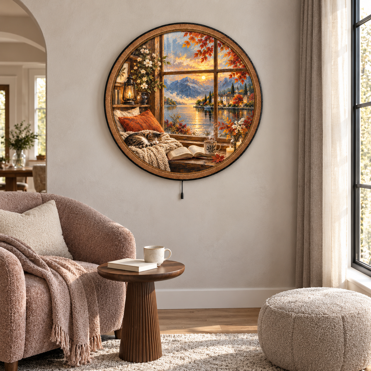 Cozy Autumn Window – Cat & Lake LED Wall Art