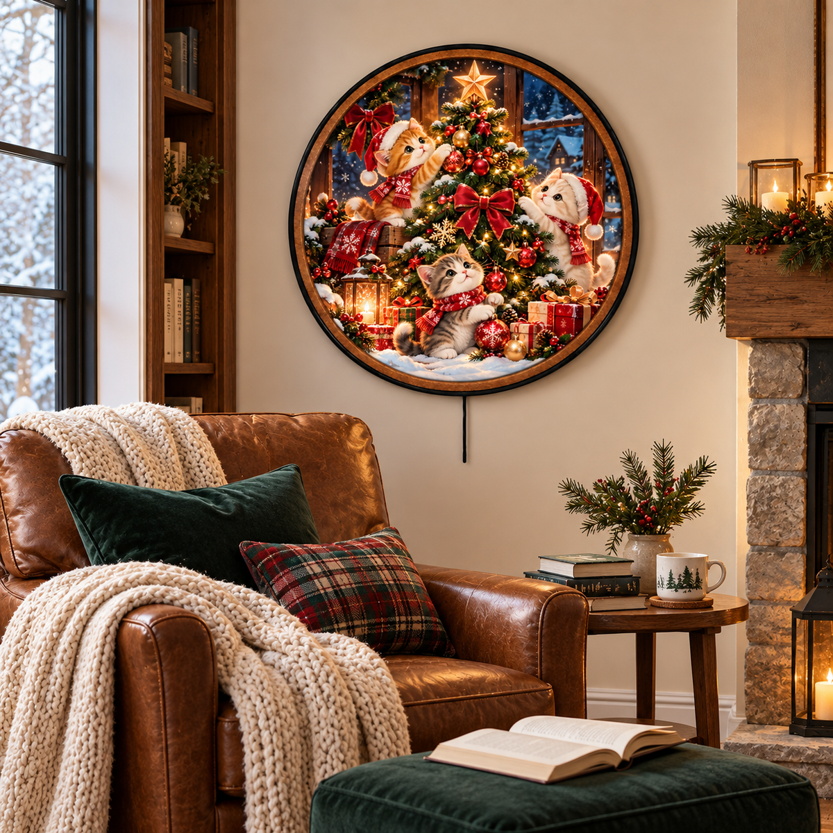 Christmas Kittens – Handcrafted LED Wall Art | Cute Cats Decorating Christmas Tree