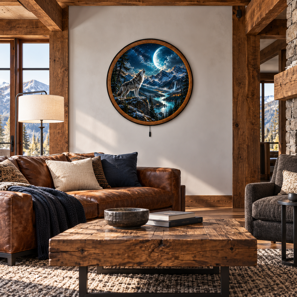 Howling Wolf Moon Mountain Circular LED Wall Art