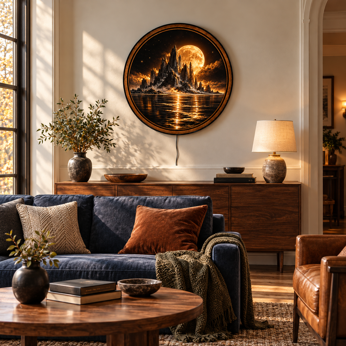 Handcrafted Golden Moon Mountain LED Wall Art – Mystical Black & Gold Landscape, Full Moon Night Sky Decor