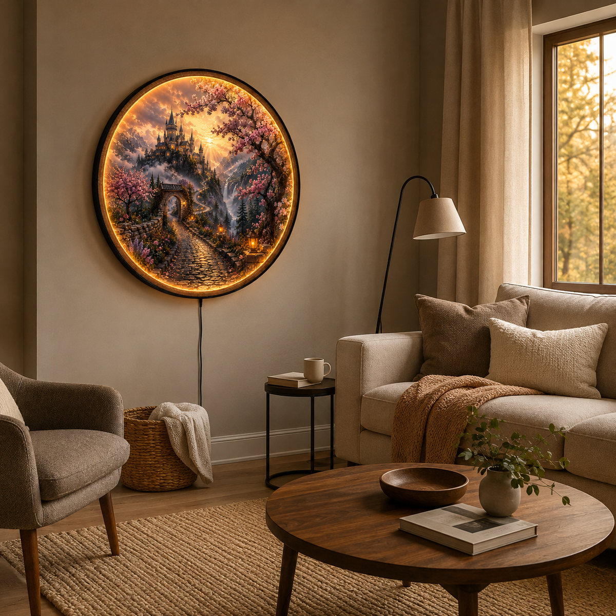 Enchanted Blossom Castle – Handcrafted Round LED Wall Art