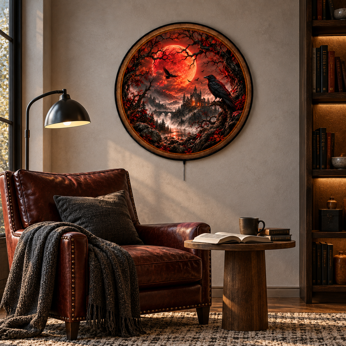 Crimson Moon Raven Gothic Castle Circular LED Wall Art