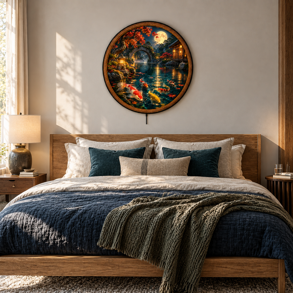 Moonlit Koi Garden – Handcrafted Round LED Wall Art