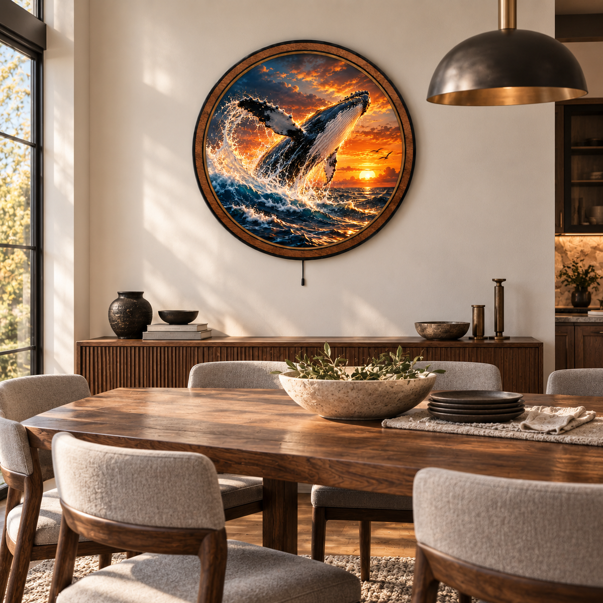 Breaching Humpback Whale Sunset Circular LED Wall Art
