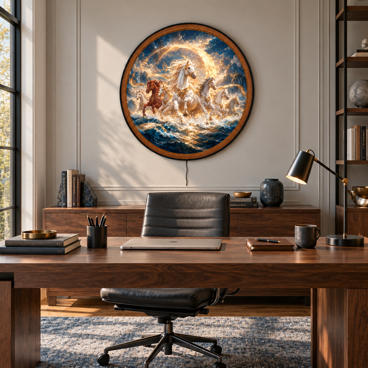 Golden Spirit Horses – Handcrafted Round LED Wall Art