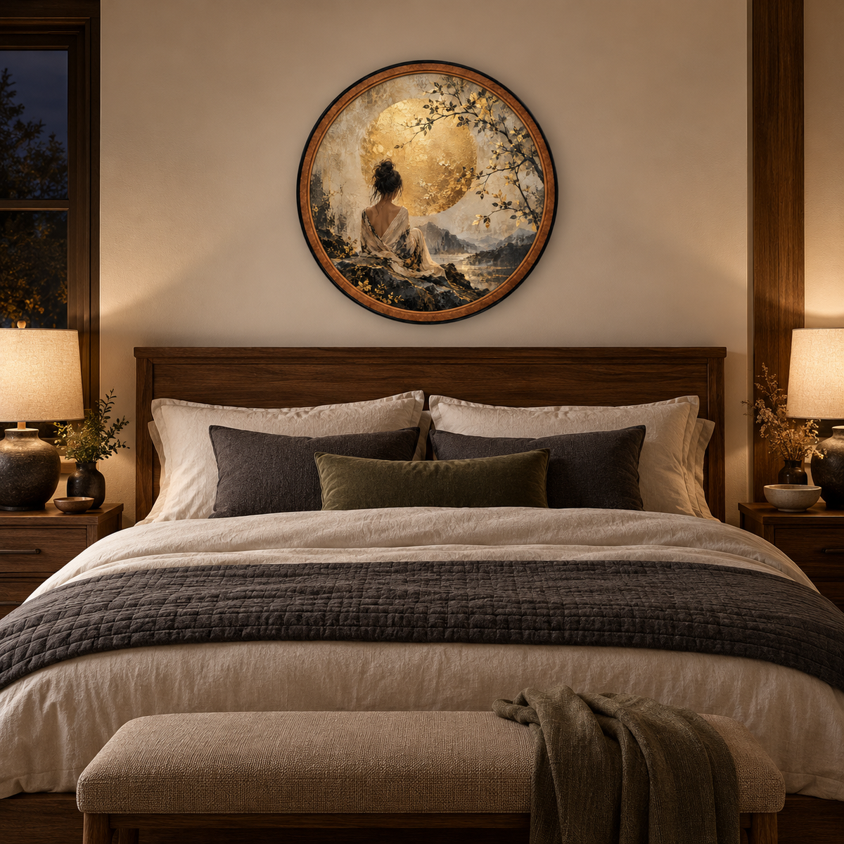 Golden Moon Serenity – Handcrafted Round LED Wall Art