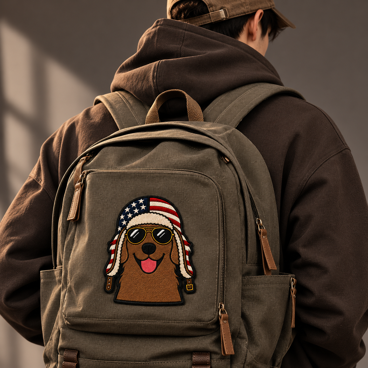 Patriotic Dog Embroidered Iron-On Patch – American Flag Aviator Dog Applique