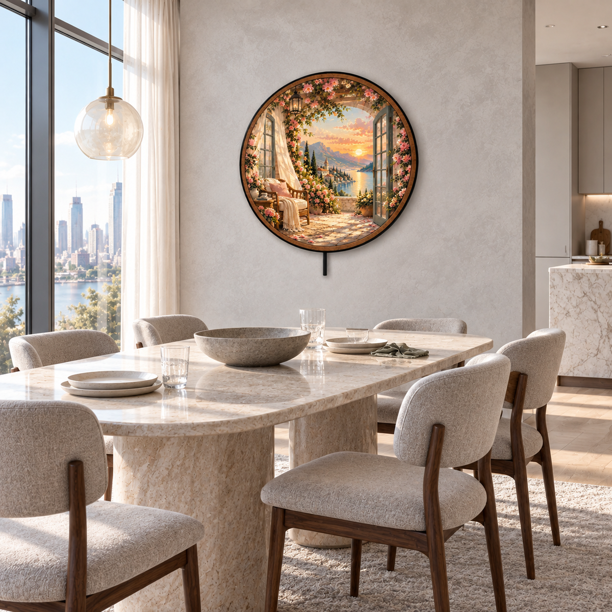 Rose Terrace Sunset – Romantic Lake View LED Wall Art