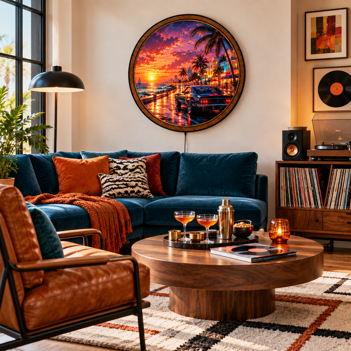 Coastal Sunset Muscle Car Circular LED Wall Art