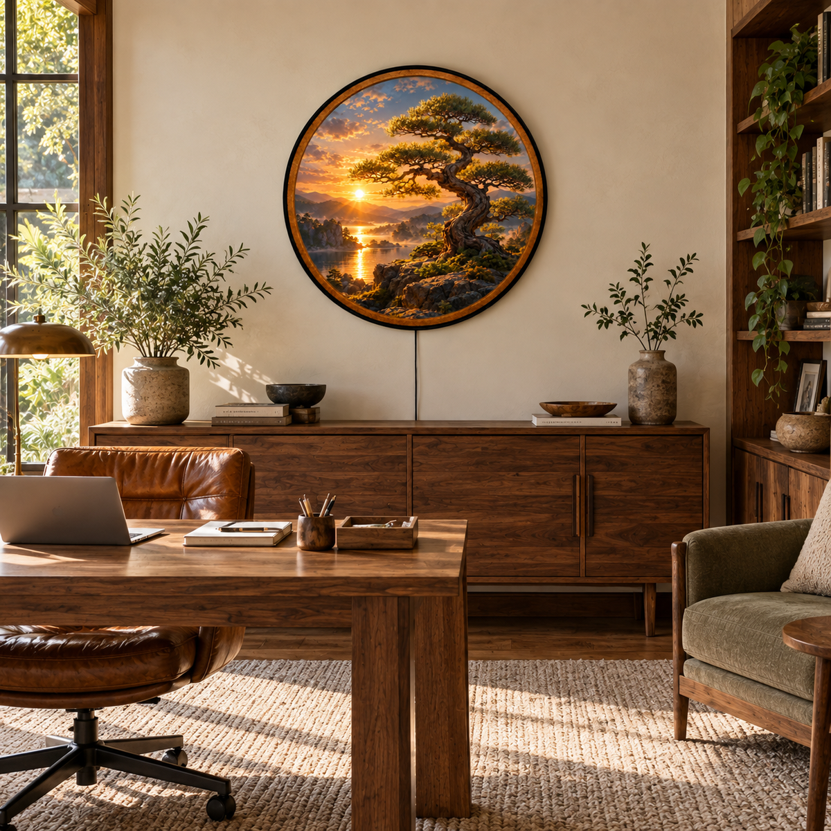 Golden Sunset Bonsai – Handcrafted Round LED Wall Art