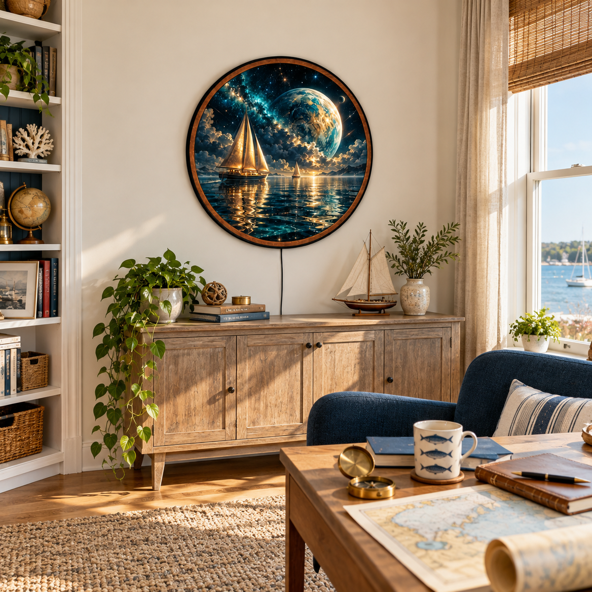 Handcrafted Celestial Sailboat LED Wall Art – Cosmic Ocean, Golden Sailing Ship & Fantasy Planet