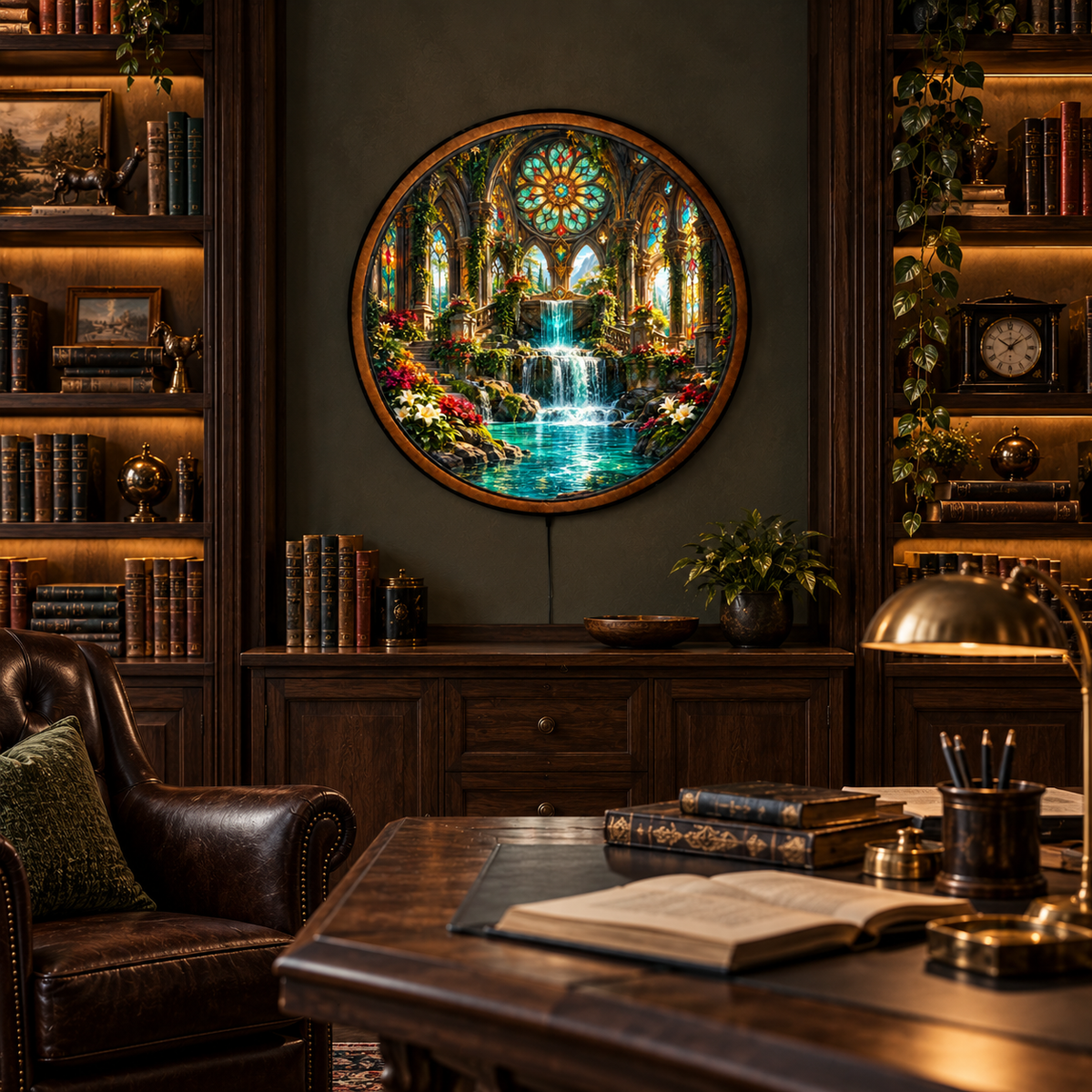 Handcrafted Enchanted Gothic Garden LED Wall Art – Stained Glass Waterfall Sanctuary