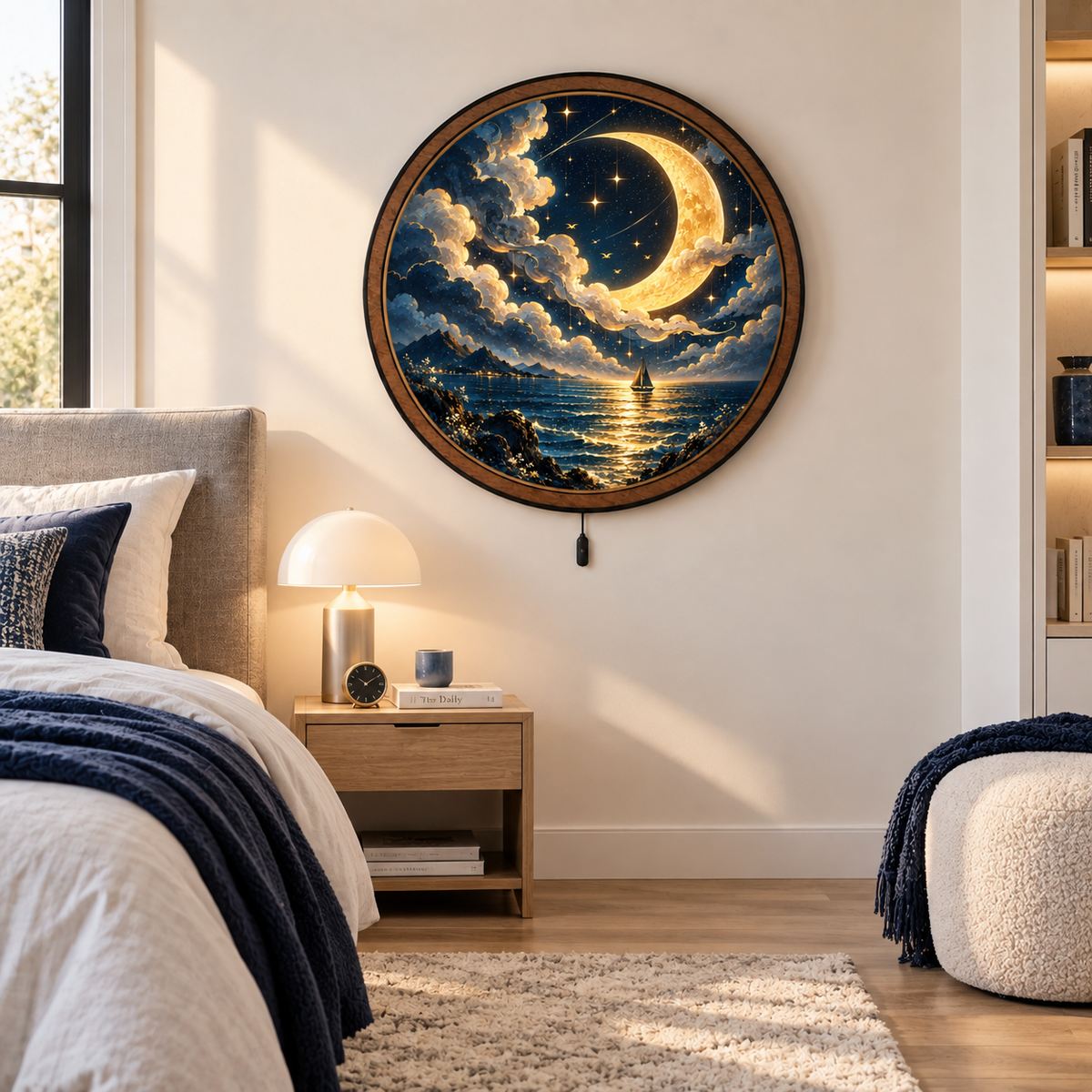 Golden Crescent Voyage – Moonlit Ocean LED Wall Art