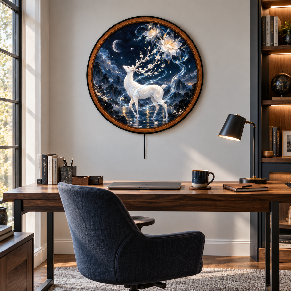 Lunar Blossom White Stag – Handcrafted LED Wall Art