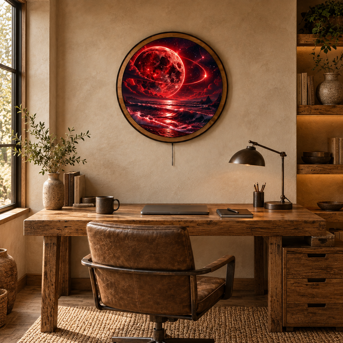 Handcrafted Crimson Eclipse Cosmic Ocean LED Wall Art