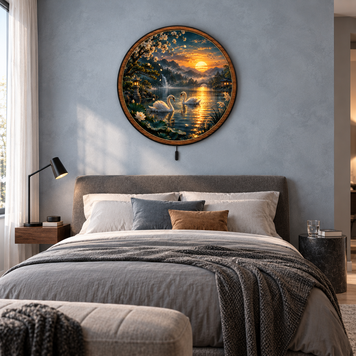 Golden Serenity – Swan Lake Sunset LED Wall Art