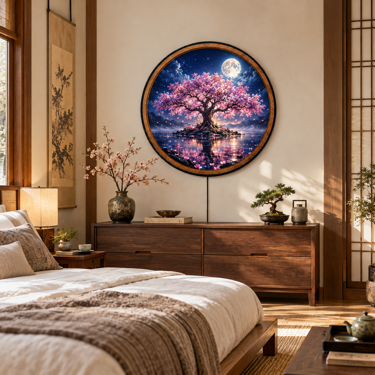 Handcrafted Moonlit Cherry Blossom Tree LED Wall Art – Pink Sakura & Full Moon Japanese Nature