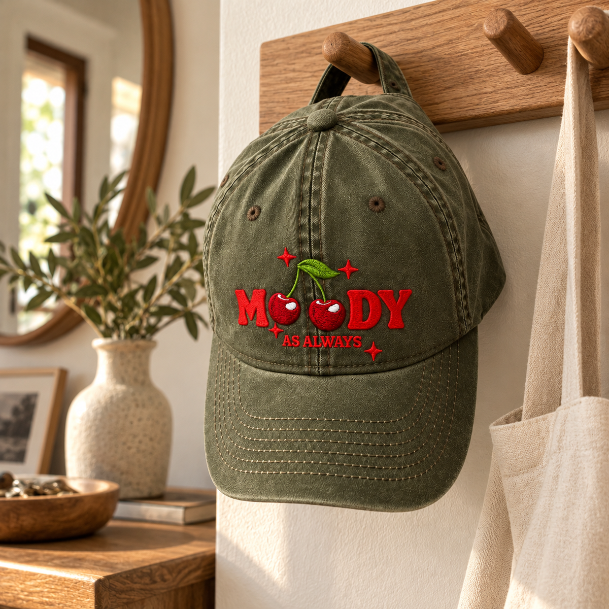 Moody Cherry Embroidered Dad Hat – Vintage Washed Baseball Cap