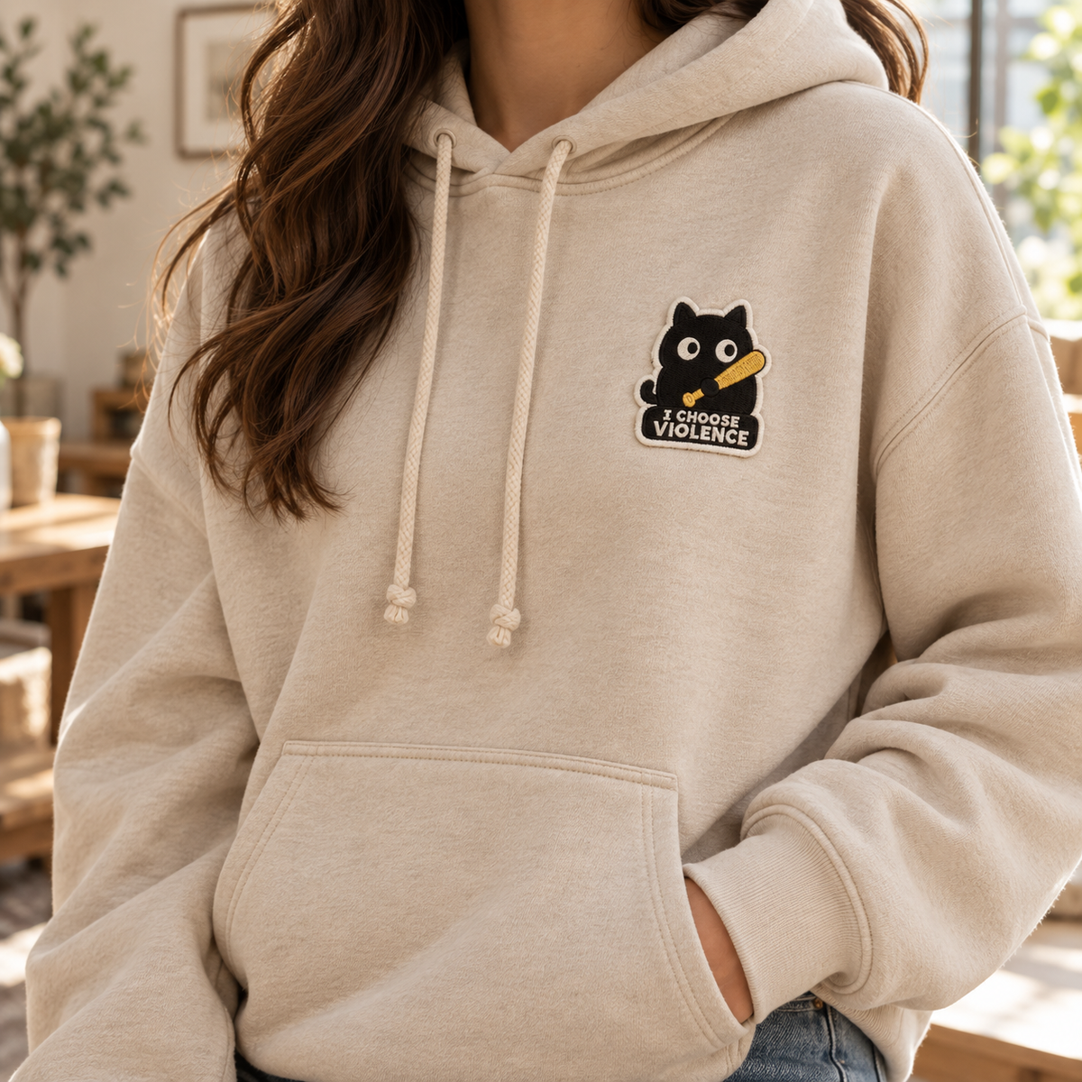 I Choose Violence Black Cat Embroidered Iron-On Patch – Funny Sarcastic Cat Applique