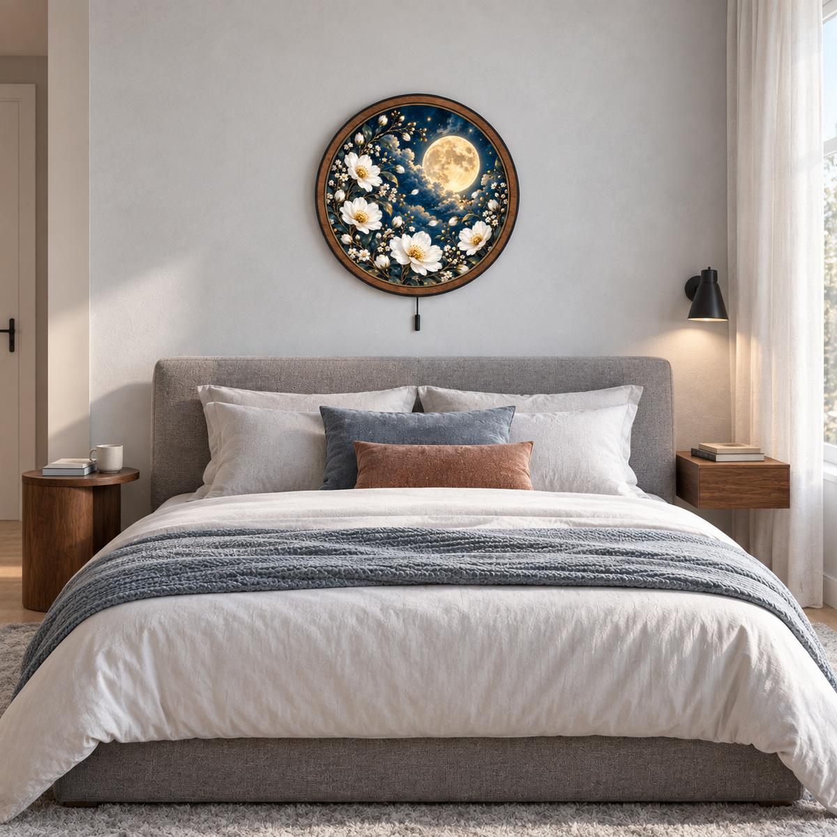 Moonlit White Garden – Golden Moon LED Wall Art