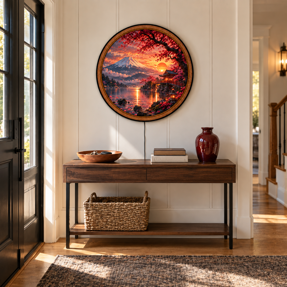 Crimson Sakura Sunset – Handcrafted LED Wall Art