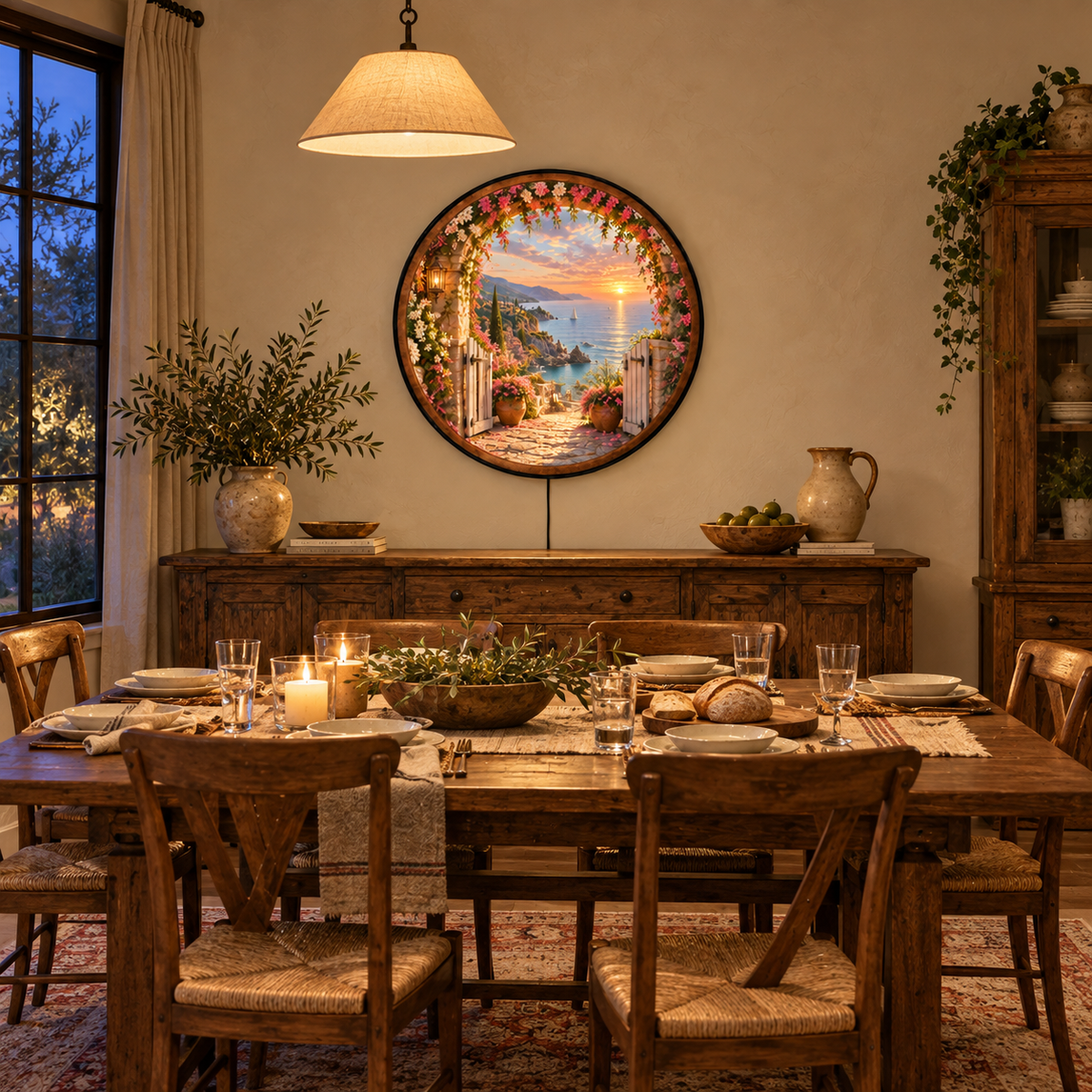 Golden Hour Gateway – Handcrafted Round LED Wall Art