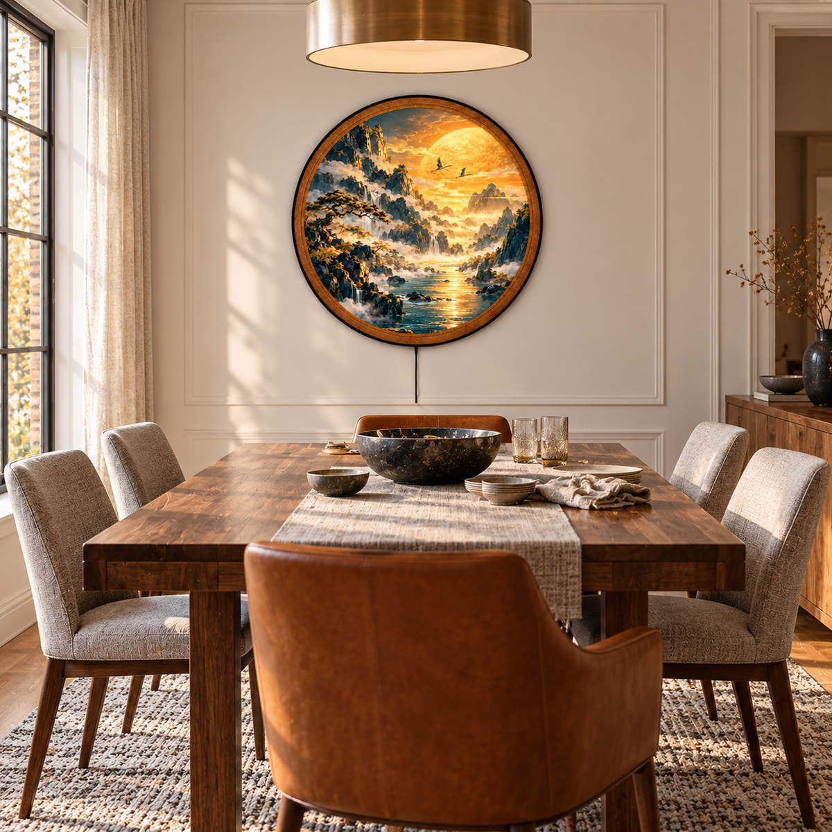Golden Mountain Serenity – Handcrafted Round LED Wall Art