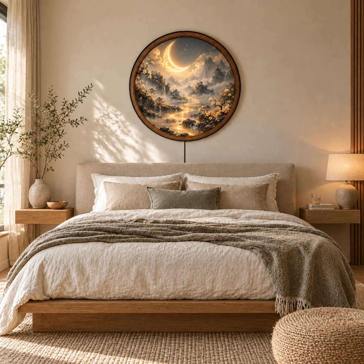 Handcrafted Golden Crescent Moon LED Wall Art – Moonlit Mountain Landscape & Japanese Zen
