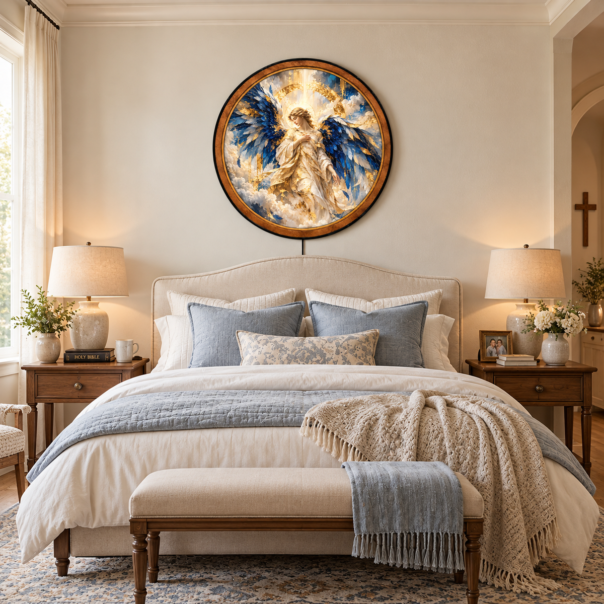 Handcrafted Guardian Angel LED Wall Art – Blue Wings & Gold Heavenly Angel