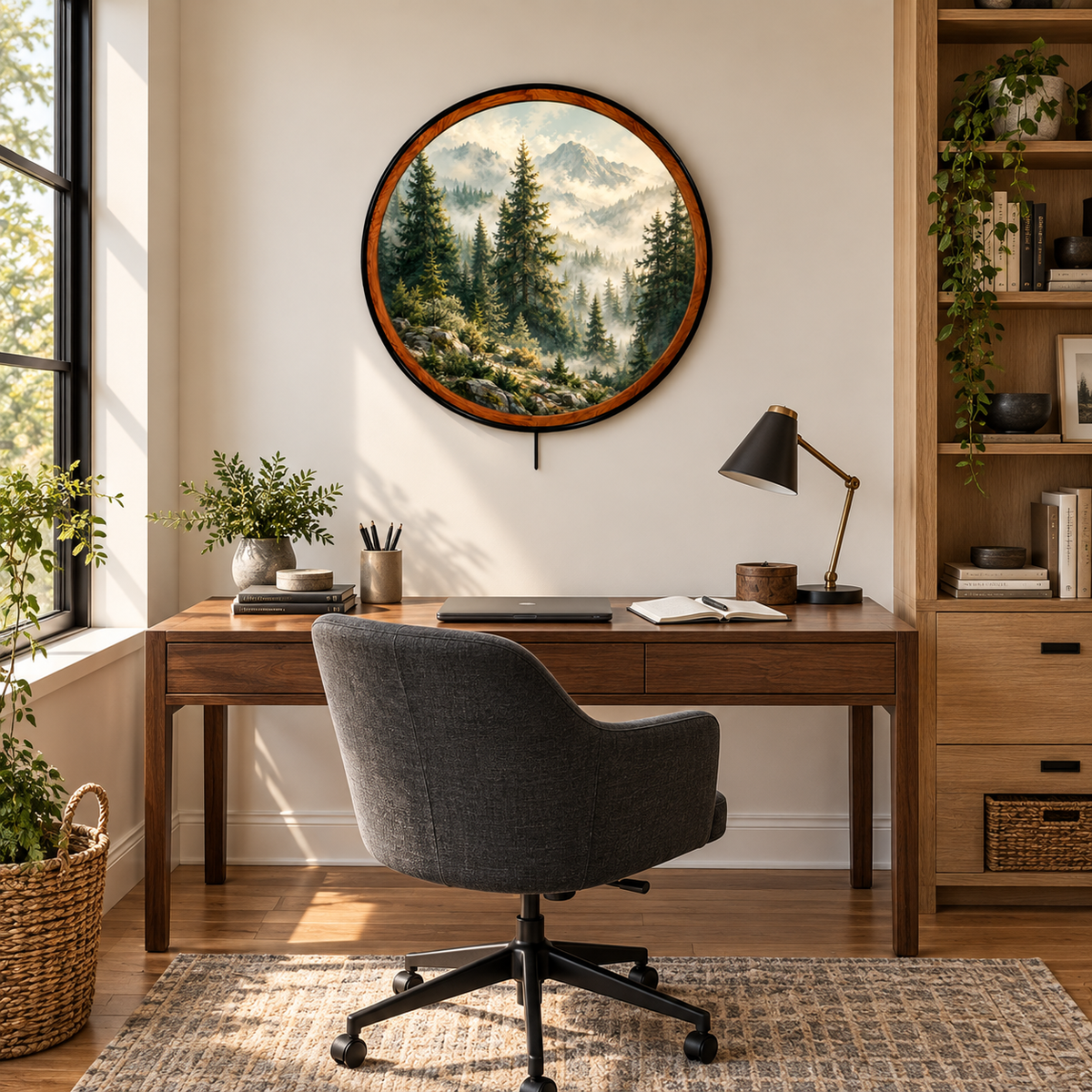 Misty Evergreen Forest – Handcrafted Round LED Wall Art