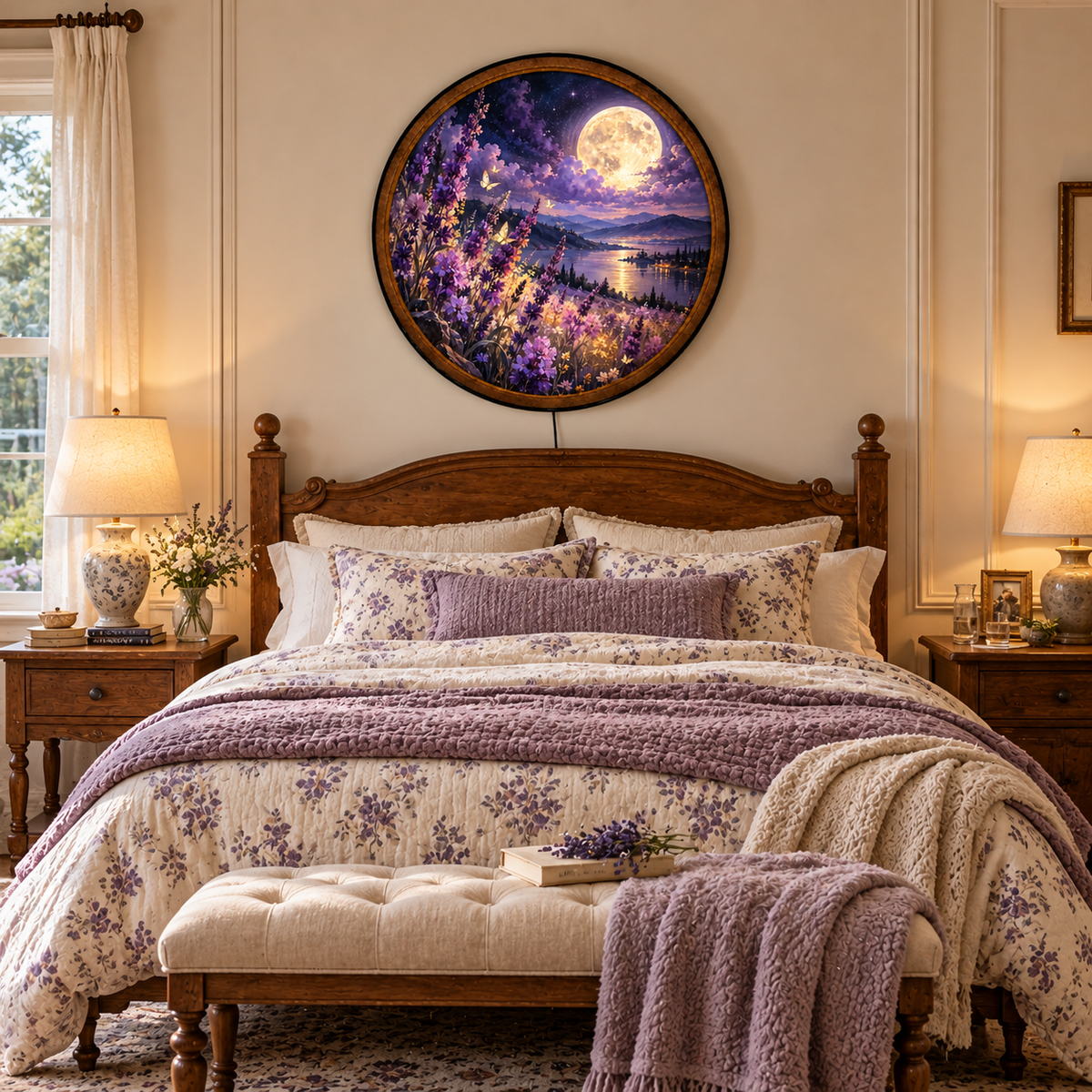Handcrafted Lavender Moon LED Wall Art – Purple Wildflower Meadow & Full Moon, Dreamy Floral Night Sky Decor