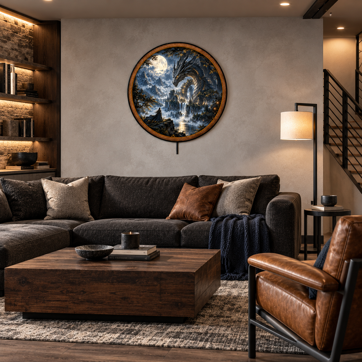 Moonlit Black Dragon Fantasy Circular LED Wall Art