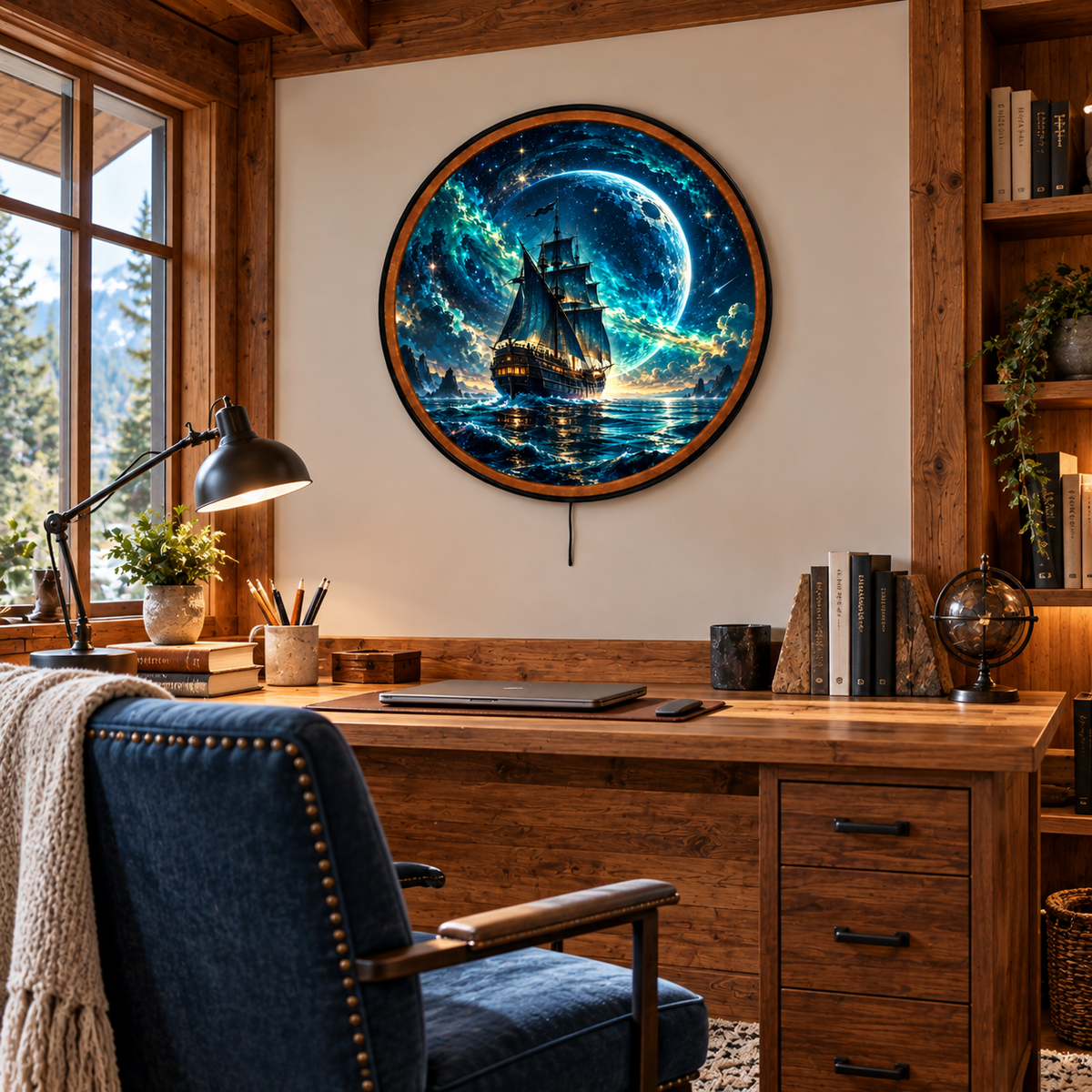 Celestial Voyage – Handcrafted LED Wall Art | Fantasy Sailing Ship & Cosmic Moon Decor
