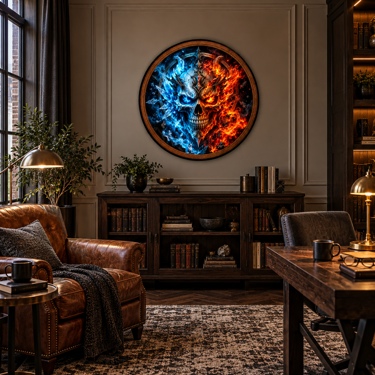 Infernal Frost – Handcrafted Fire & Ice Skull LED Wall Art | Gothic Fantasy Decor