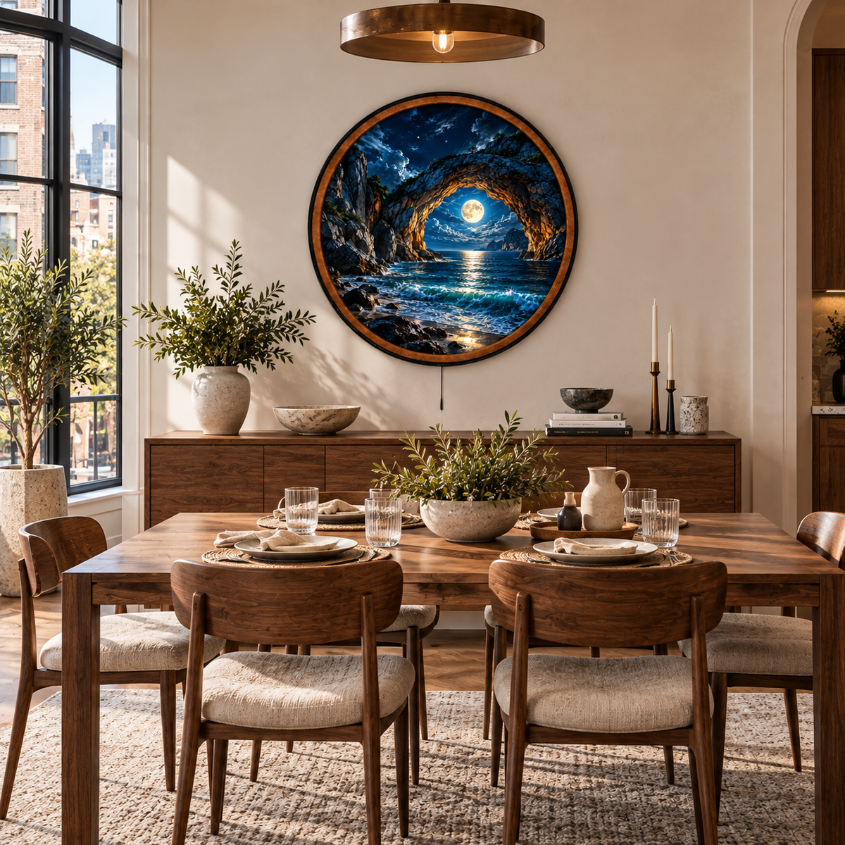 Moonlit Arch – Handcrafted LED Wall Art | Full Moon Ocean & Natural Stone Arch