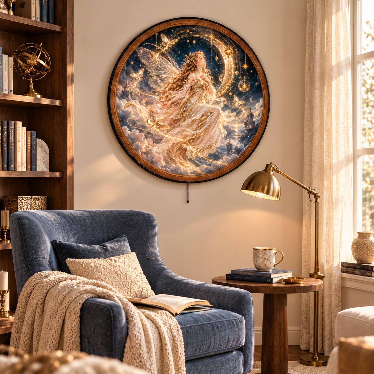 Celestial Moon Fairy Golden Butterfly LED Wall Art