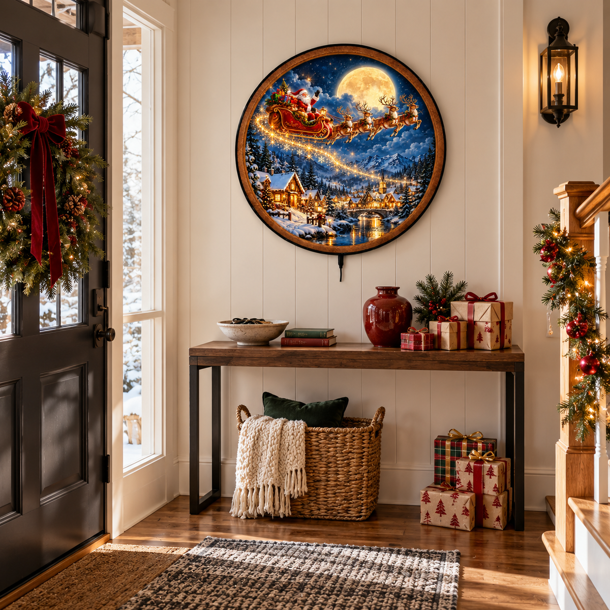 Santa's Moonlit Flight – Handcrafted LED Wall Art