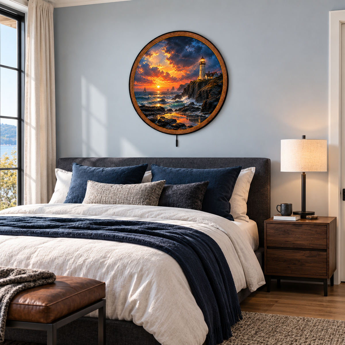 Stormy Lighthouse Sunset Coastal Circular LED Wall Art
