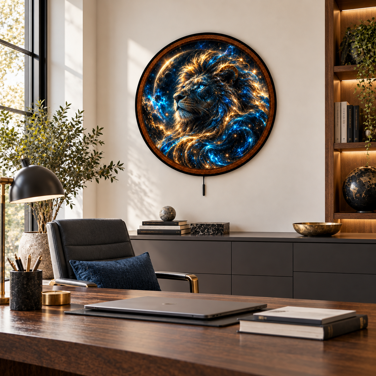 Celestial Lion – Handcrafted LED Wall Art | Majestic Cosmic Lion, Blue & Gold Galaxy Art | Fantasy Home Decor