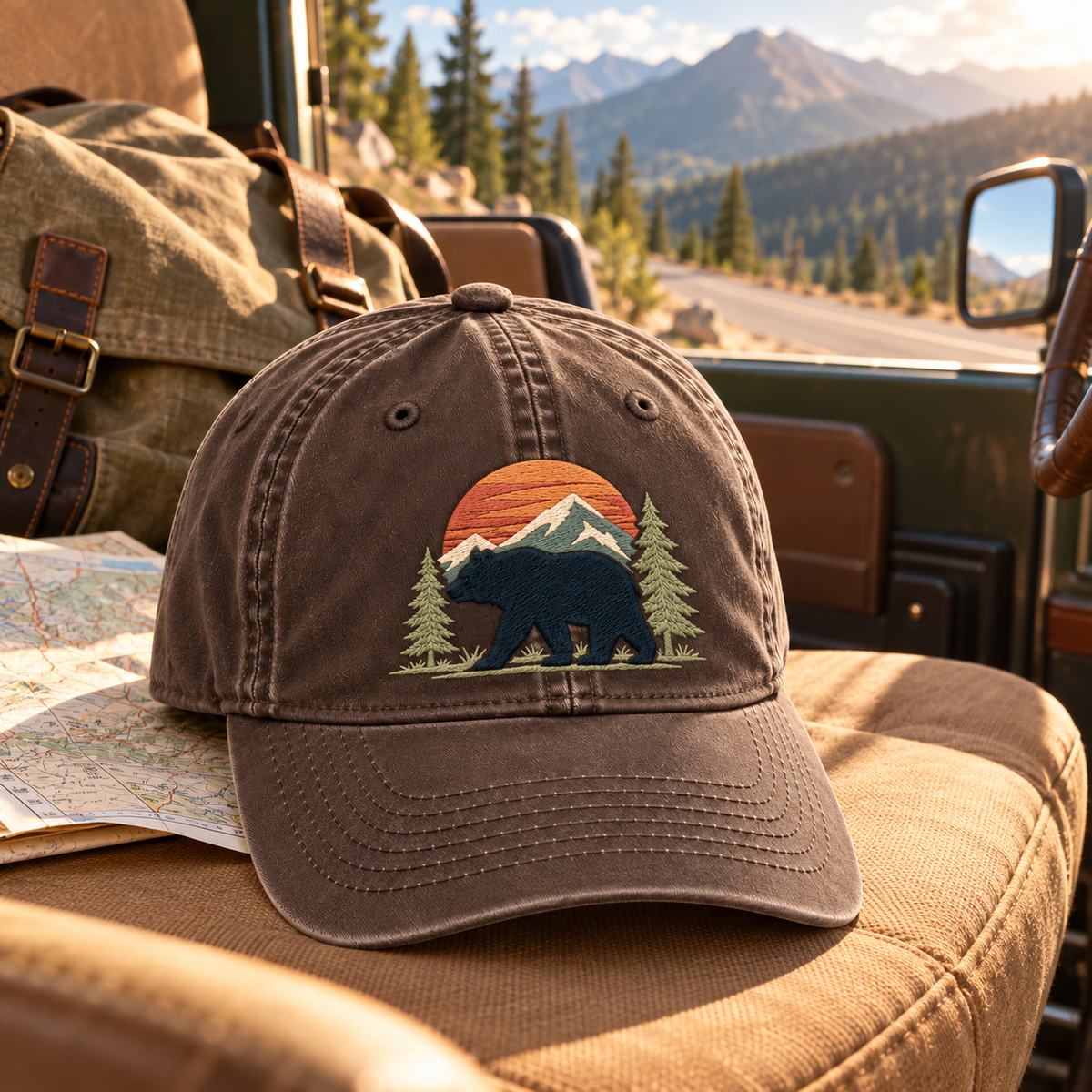Black Bear Embroidered Dad Hat – Vintage Mountain Baseball Cap