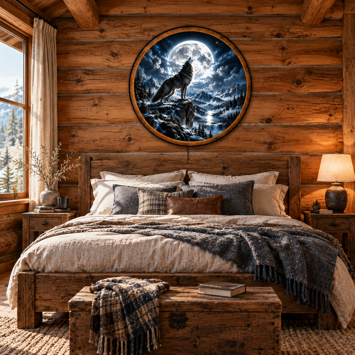 Handcrafted Howling Wolf LED Wall Art – Full Moon Wolf & Snowy Mountain Fantasy