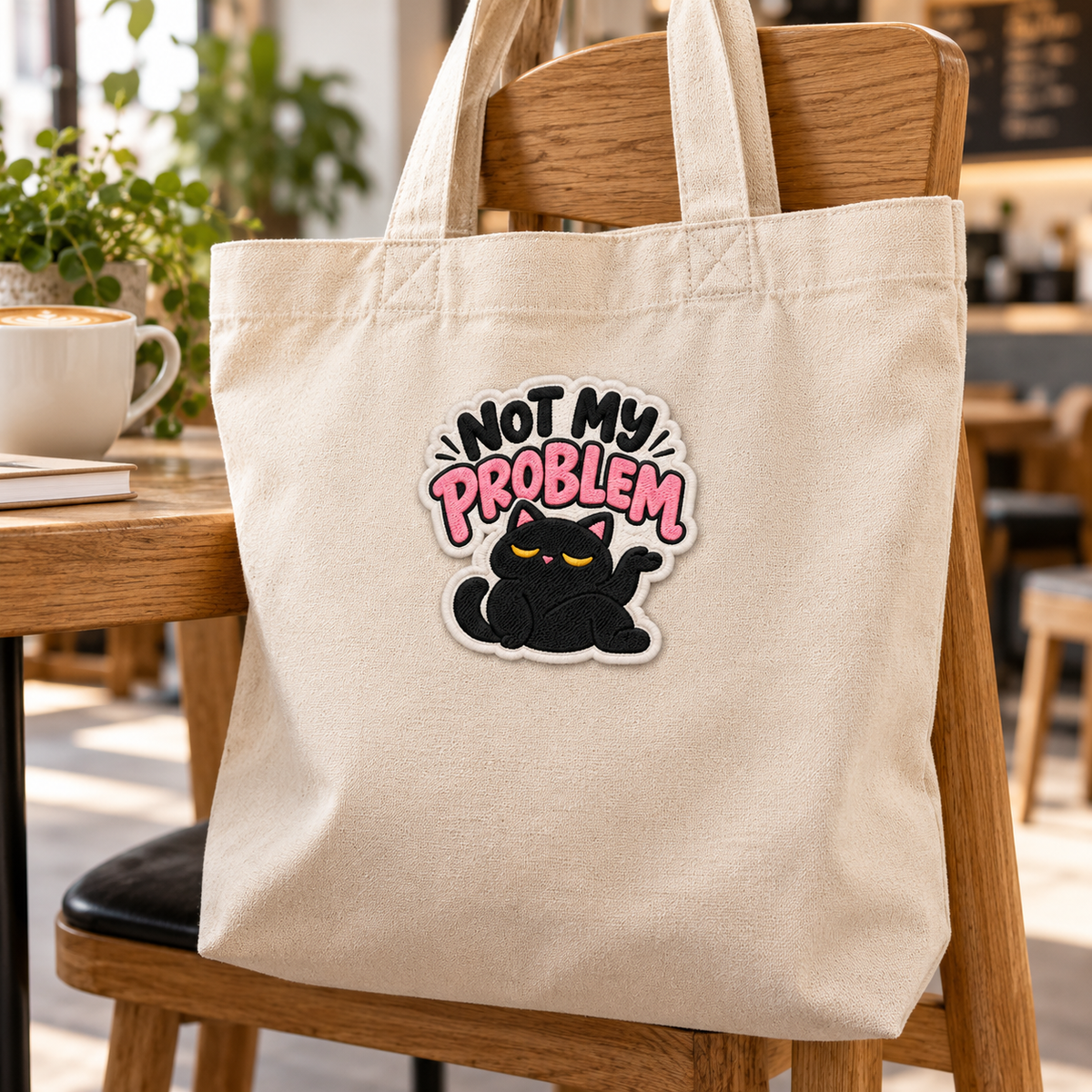 Not My Problem Black Cat Embroidered Iron-On Patch – Funny Cat Attitude Applique