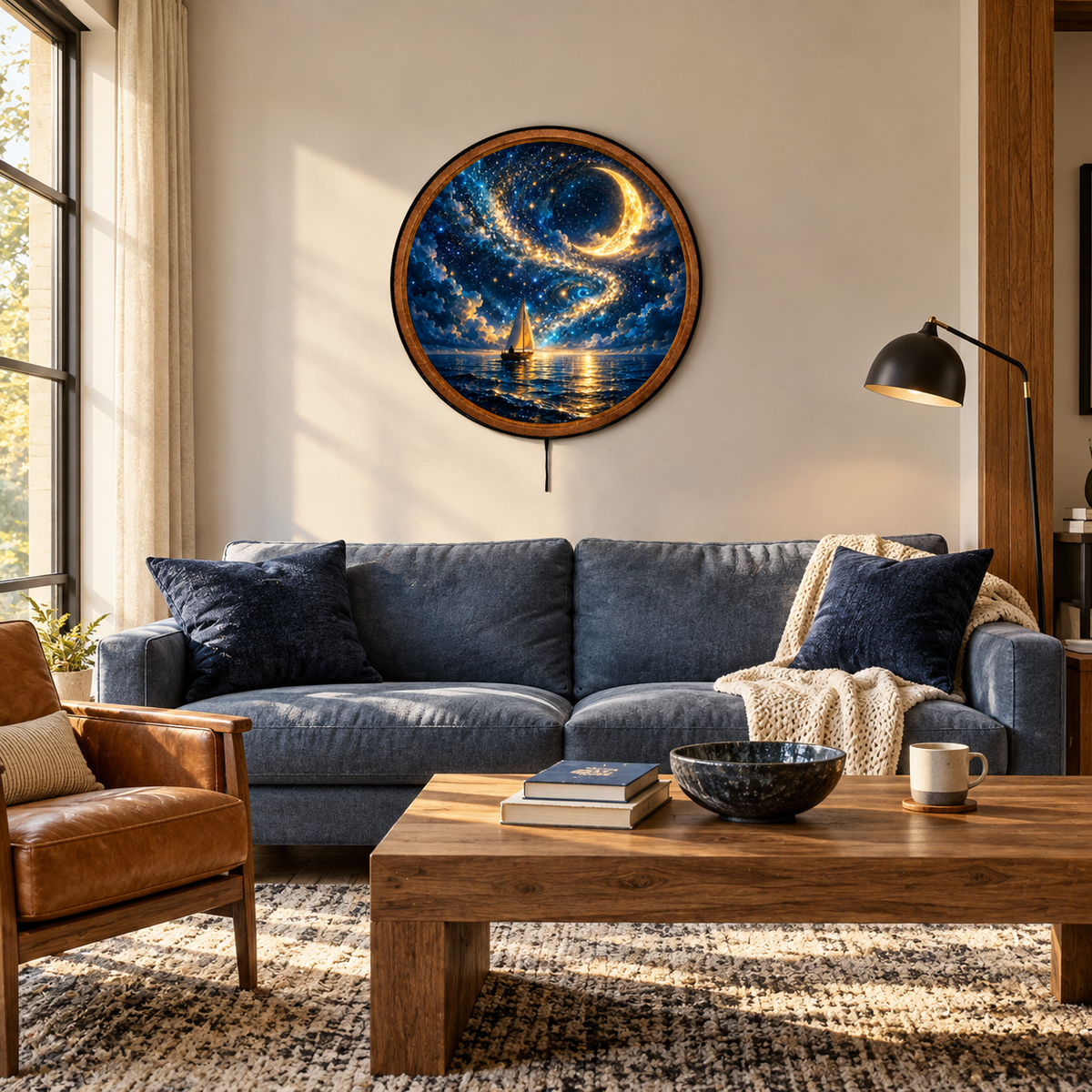 Celestial Sailboat – Handcrafted Round LED Wall Art
