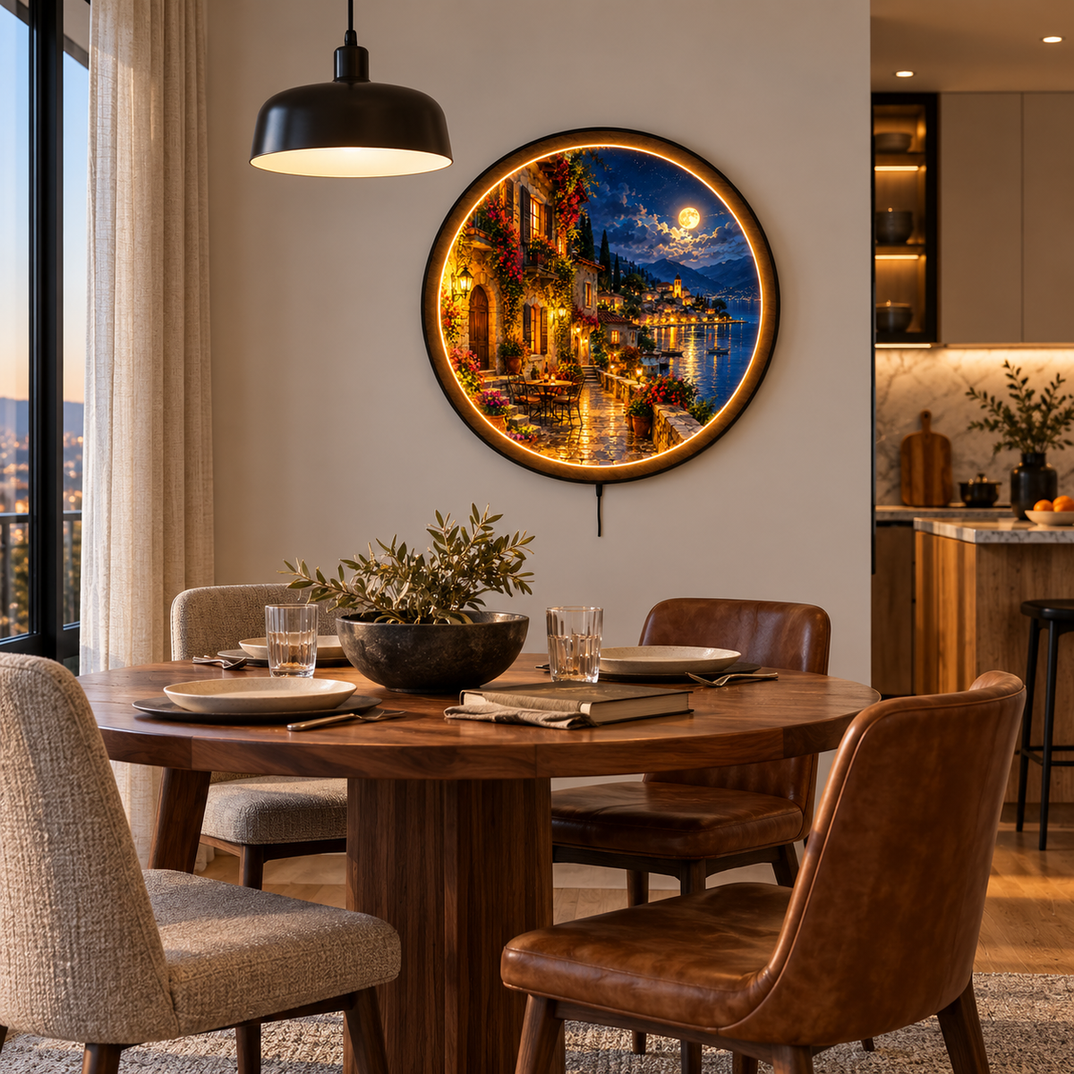 Moonlit Coastal Village – Mediterranean Round LED Wall Art