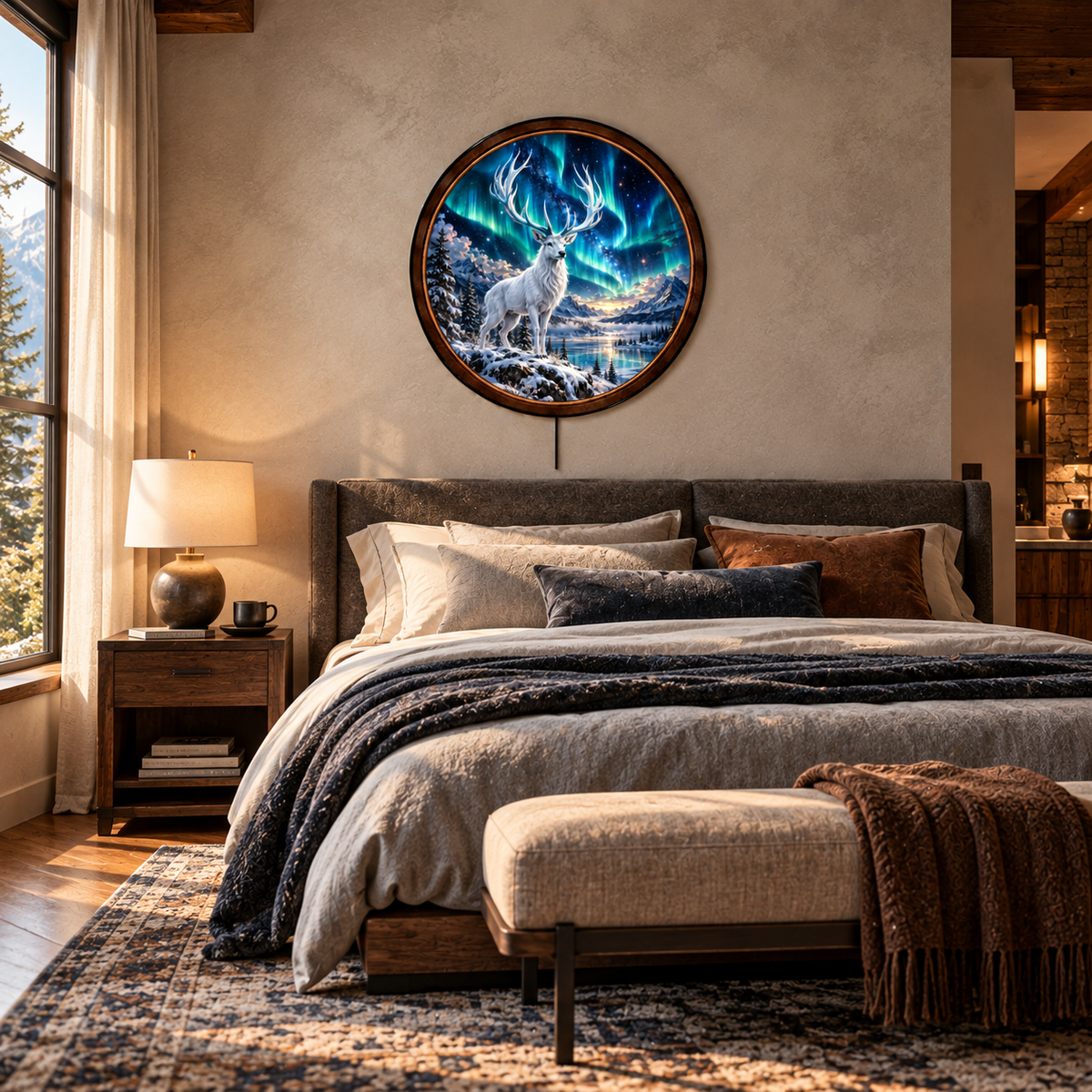 Handcrafted White Stag Northern Lights LED Wall Art