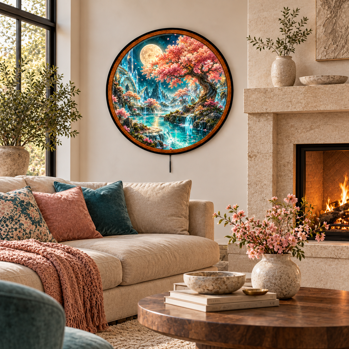 Moonlit Sakura Crystal Garden – Handcrafted LED Wall Art | Cherry Blossom Tree & Fantasy Moon Landscape